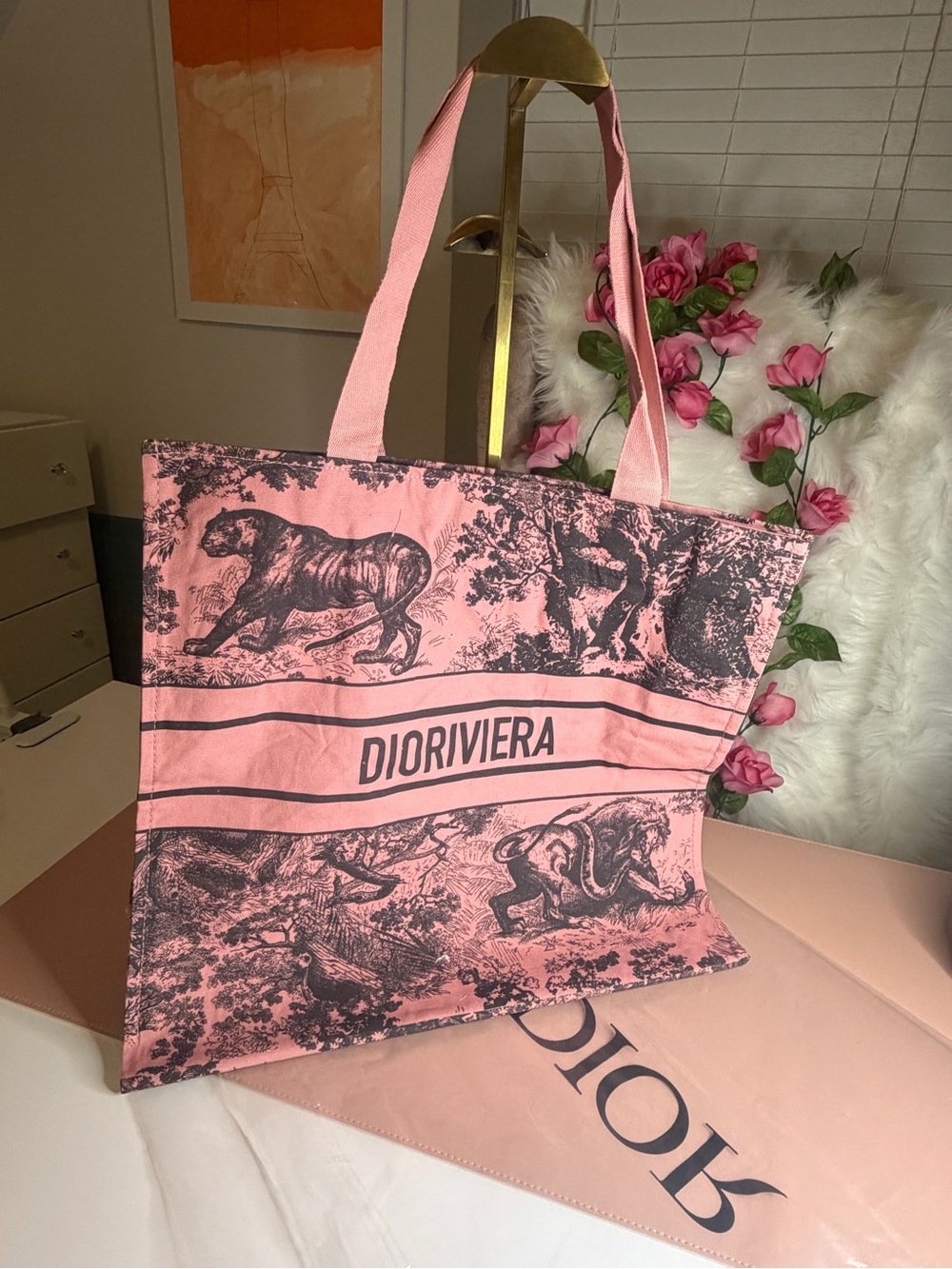 Dior Beauty Pink Toile de Jouy Printed Canvas Tote